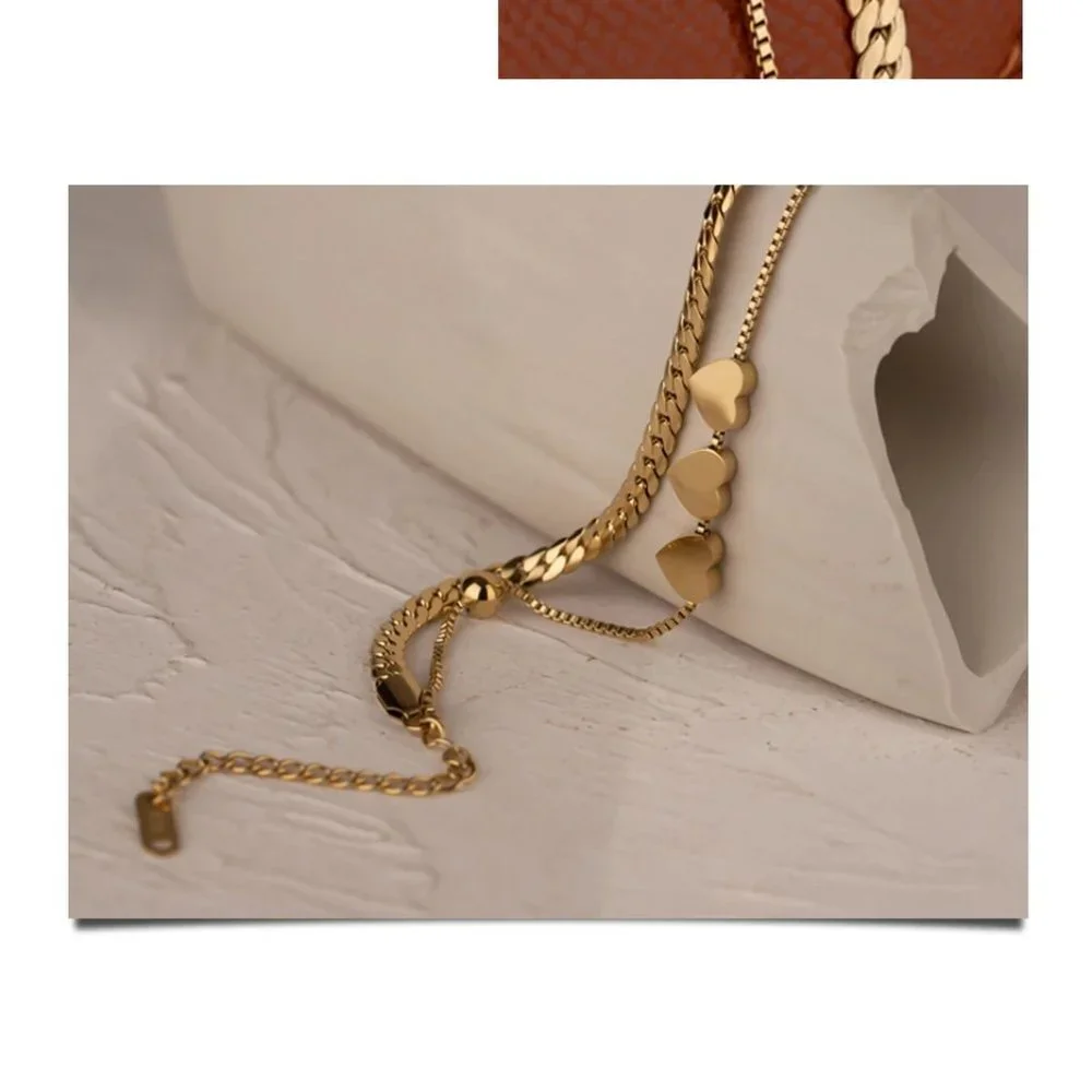 NEW 18K Gold Plated Triple Heart Double Layer Chain Bead Bracelet